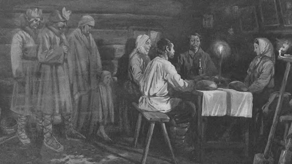The Dziady offering supper: a family at a candlelit table while the souls of their dead stand by the wall, drawing by Stanisław Bagieński, 1904