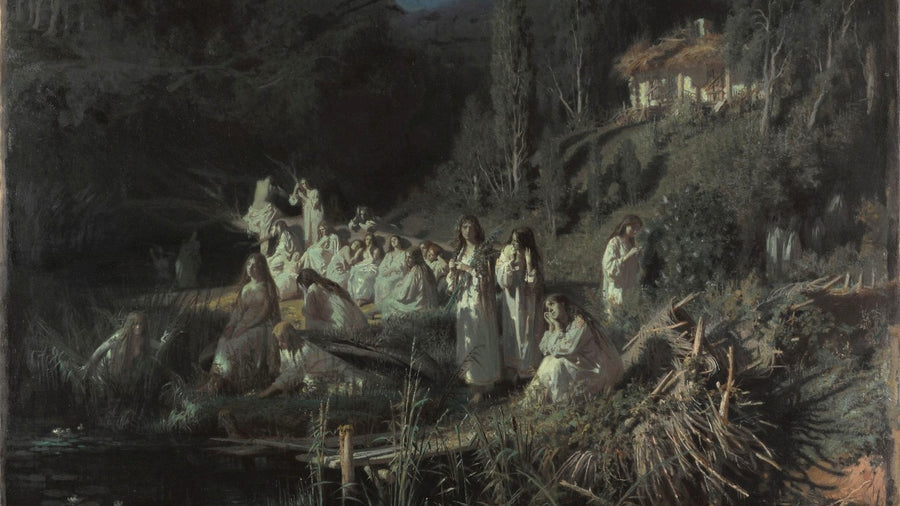 Rusalki gathering in the moonlight by a pond below a village, Ivan Kramskoi, Rusalki, 1871