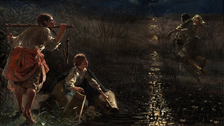 Village girls at a moonlit river watch a dziwożona carry off a drowned man, Jacek Malczewski, Rusałki cycle, 1887–88
