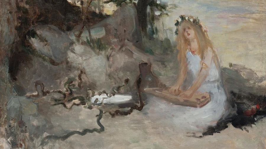 Eglė, a girl in a white dress and a wreath, sits by a stream among grass snakes, Kazimierz Stabrowski, Eglė, Queen of Serpents, 1900