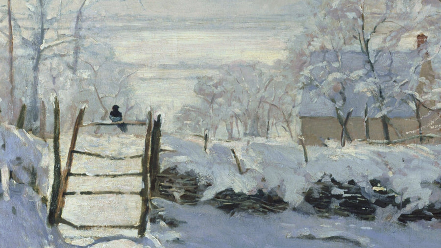 A magpie perched on a wooden gate in a snowy field, Claude Monet, The Magpie, 1868–69