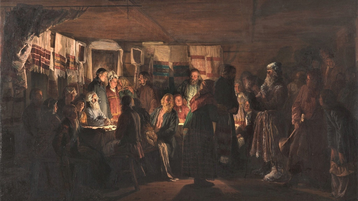 A sorcerer arrives at a candlelit peasant wedding, Vasily Maximov, A Sorcerer Comes to a Peasant Wedding, 1875