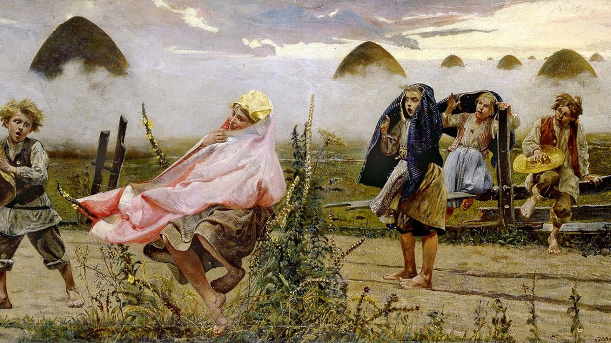 Peasants scatter across a field as a boginka whirls past in a pink shawl, Jacek Malczewski, Boginka in the Mulleins, 1888