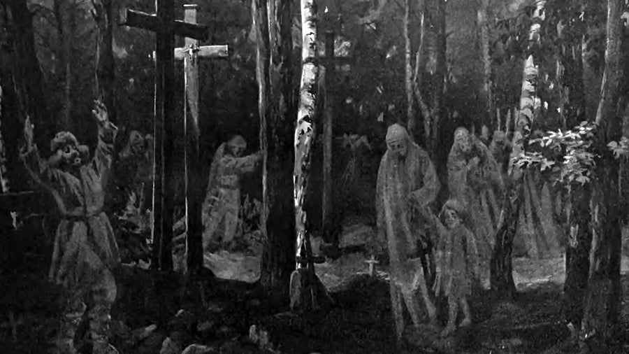 Souls of the dead hurrying through a forest cemetery on Dziady night, drawing by Stanisław Bagieński, 1904