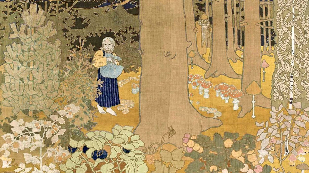 A girl with a basket in a forest of mushrooms while a leshy watches from the trees, Maria Yakunchikova, Girl and Leshy, 1899