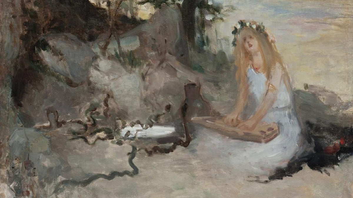 Eglė, a girl in a white dress and a wreath, sits by a stream among grass snakes, Kazimierz Stabrowski, Eglė, Queen of Serpents, 1900