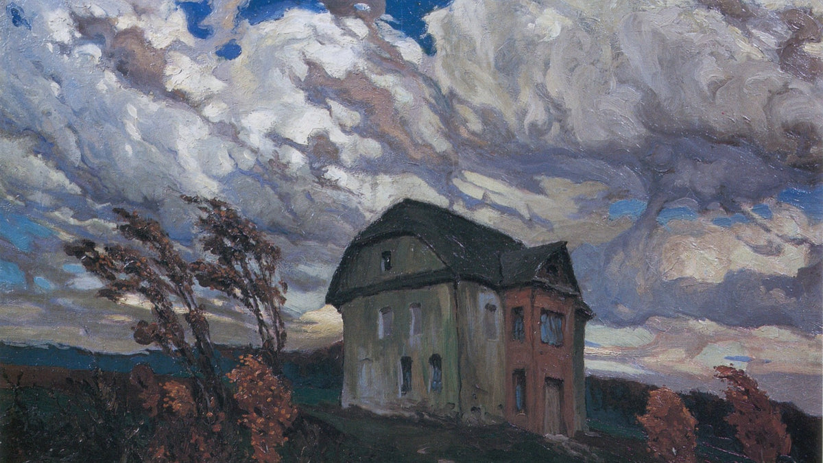 An abandoned house under storm clouds, with wind-bent trees, Ferdynand Ruszczyc, Pustka (Desolation), 1901